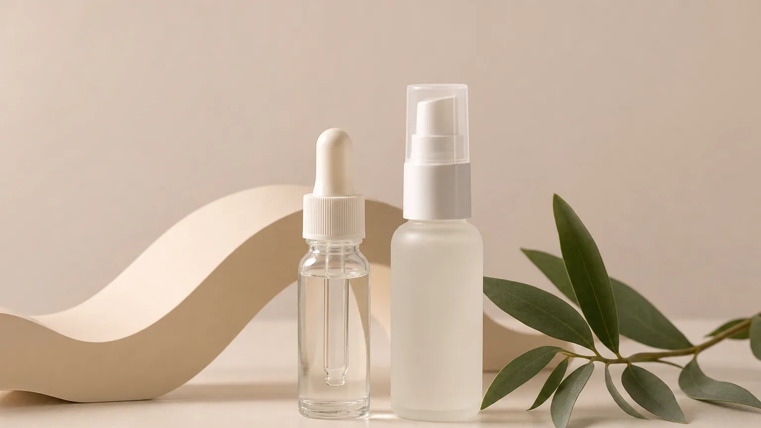 Dropper bottle and pump spray bottle side by side with a soft wave line and a leaf.