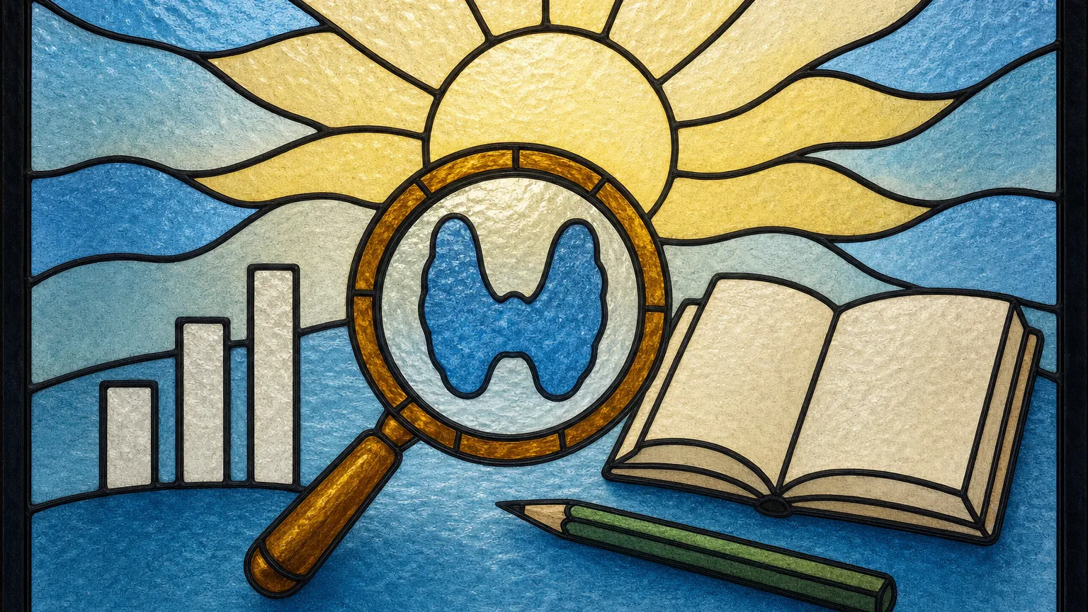 Stained-glass panel of a magnifying glass over a thyroid outline beside a blank journal