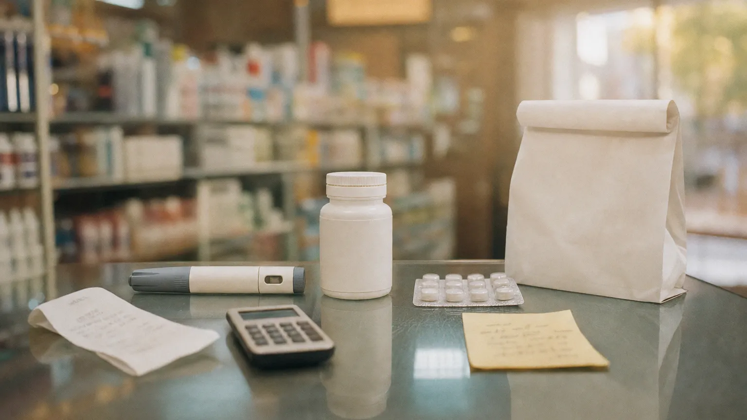 A pen, a pill bottle and a blister pack lined up on a pharmacy counter with a receipt and calculator