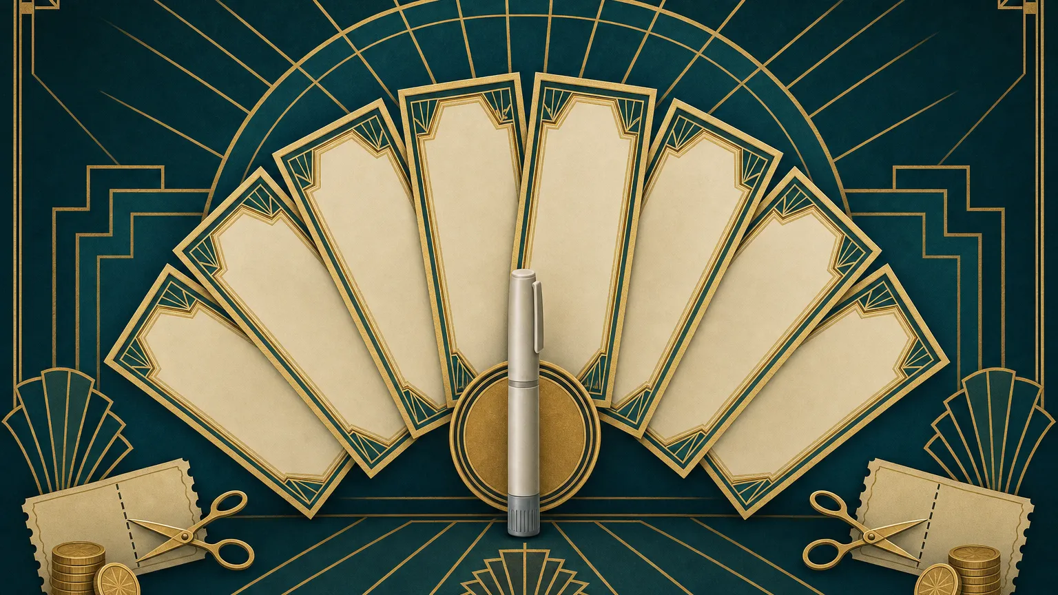 Art Deco poster of a fan of blank savings cards around a gold medallion with a capped pen and sunburst