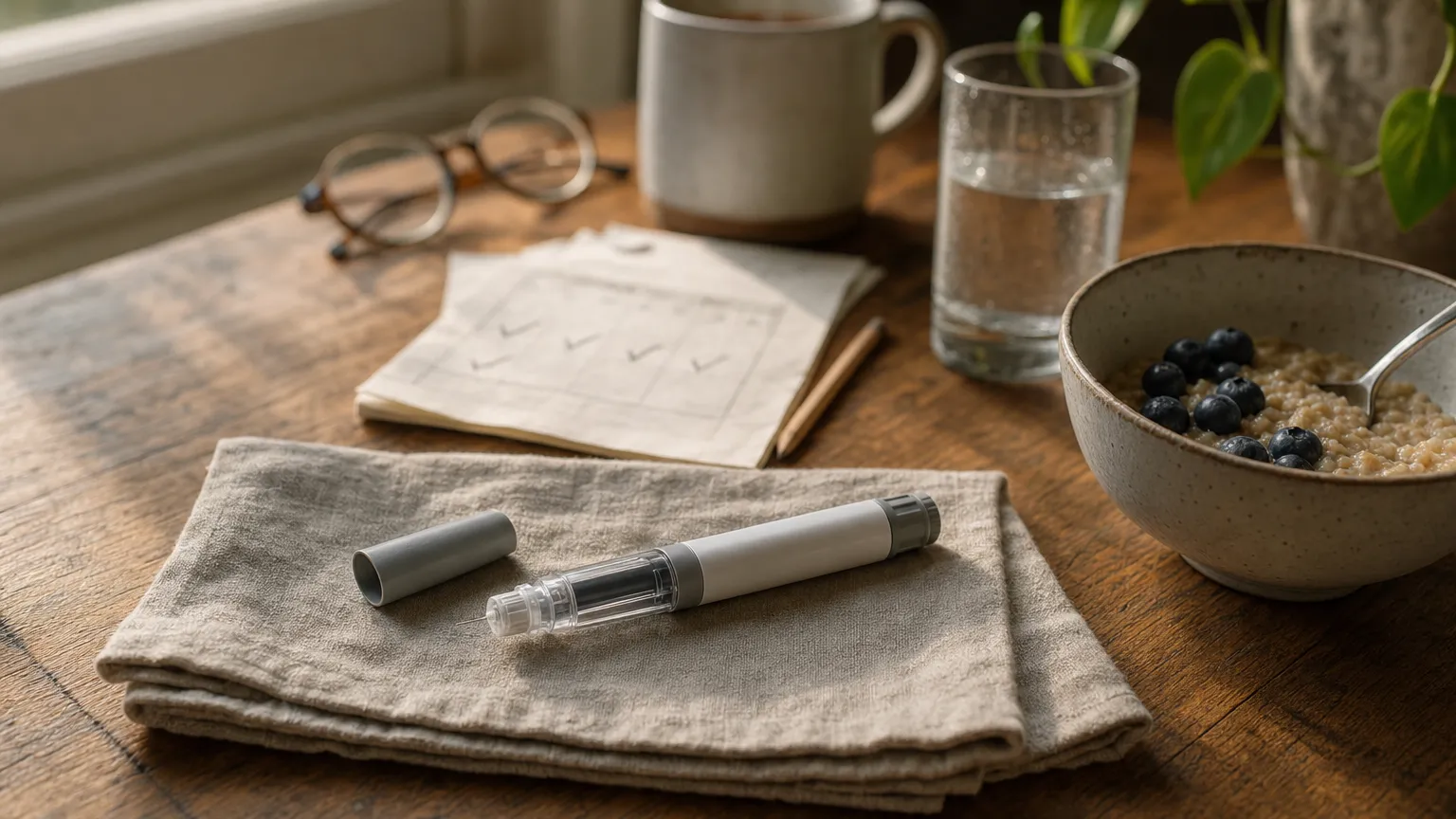 An injection pen on a linen napkin beside a paper calendar, a glass of water and breakfast on a kitchen table.