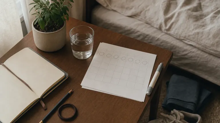 Bedroom nightstand with a blank circled calendar page, capped pen, water glass, journal, hair tie and plant