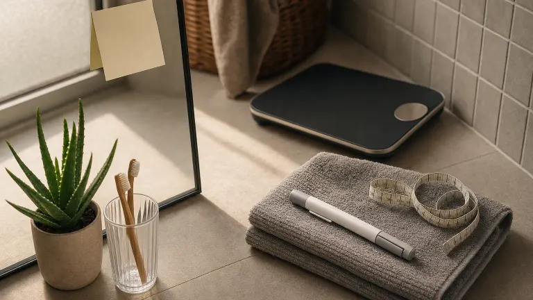Bathroom scene with a capped pen on a folded towel, a scale, coiled tape measure and a potted aloe