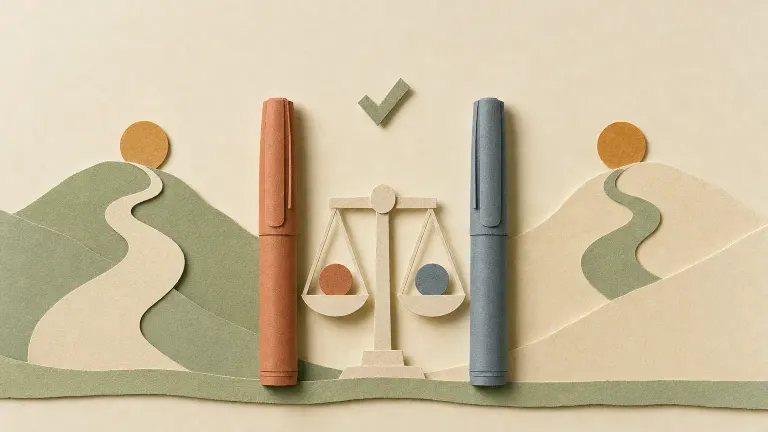 Layered paper-cut of two capped injection pens, one rust and one slate, flanking a balanced scale and two hills.