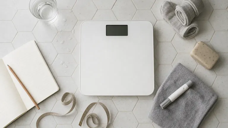 Overhead view of a bathroom scale on tiles with a measuring tape, capped injection pen and blank notebook.