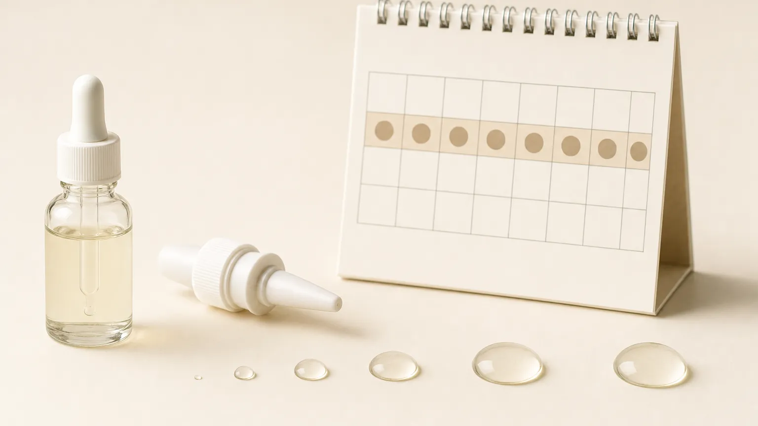 Dropper bottle and pipette next to a row of droplets of growing size and a ten-day calendar block.