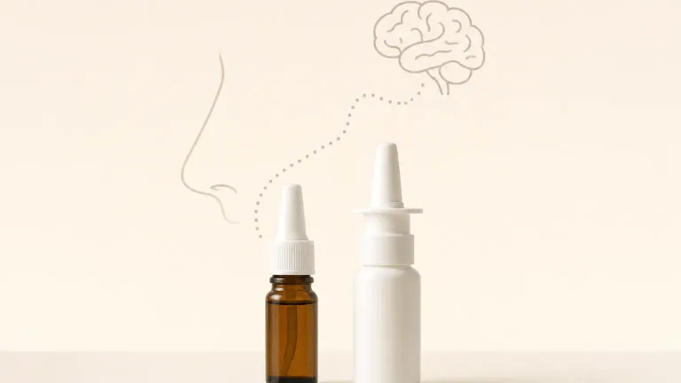 Dropper bottle and pump spray bottle side by side with a dotted path from a nose outline to a brain.