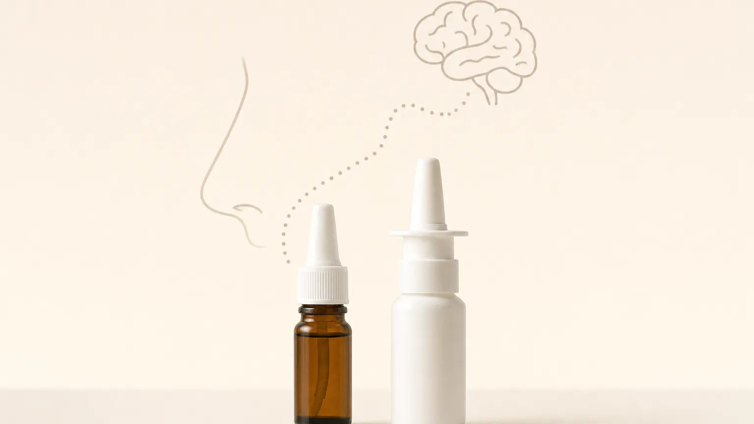 Dropper bottle and pump spray bottle side by side with a dotted path from a nose outline to a brain.