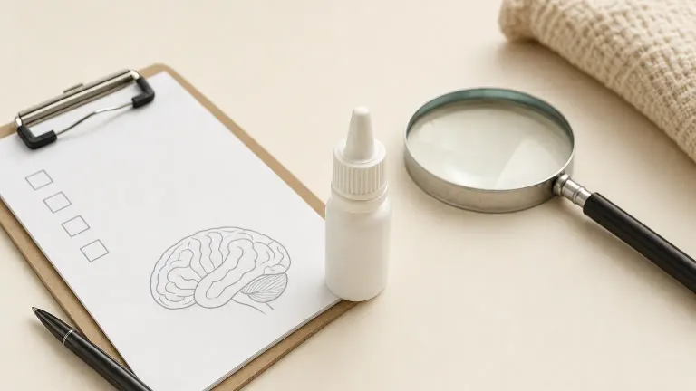 Nasal dropper bottle beside a blank checklist, a simple brain outline and a magnifying glass.
