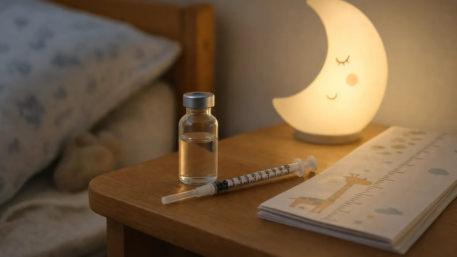 Vial and small syringe on a bedside table next to a moon night light and a folded growth chart.
