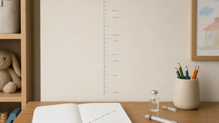 Height chart with pencil marks next to a notebook, a simple line graph and a vial with a syringe.