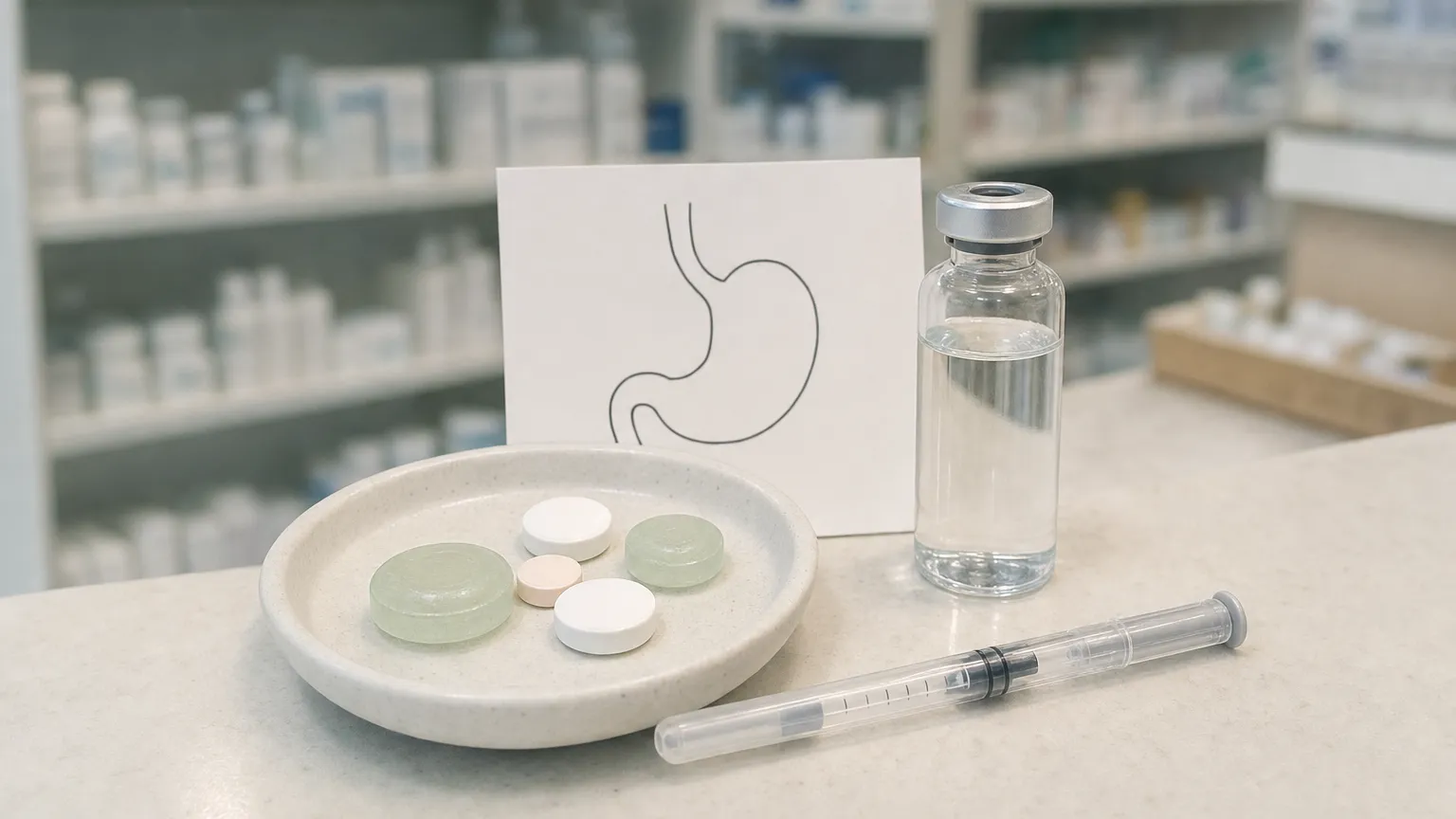Dish of plain lozenges and tablets beside a vial and a syringe, with a simple stomach diagram card.
