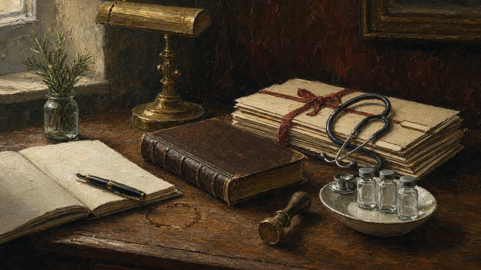 Oil painting of a desk with a rule book, tied folders, a stethoscope and three small glass vials.