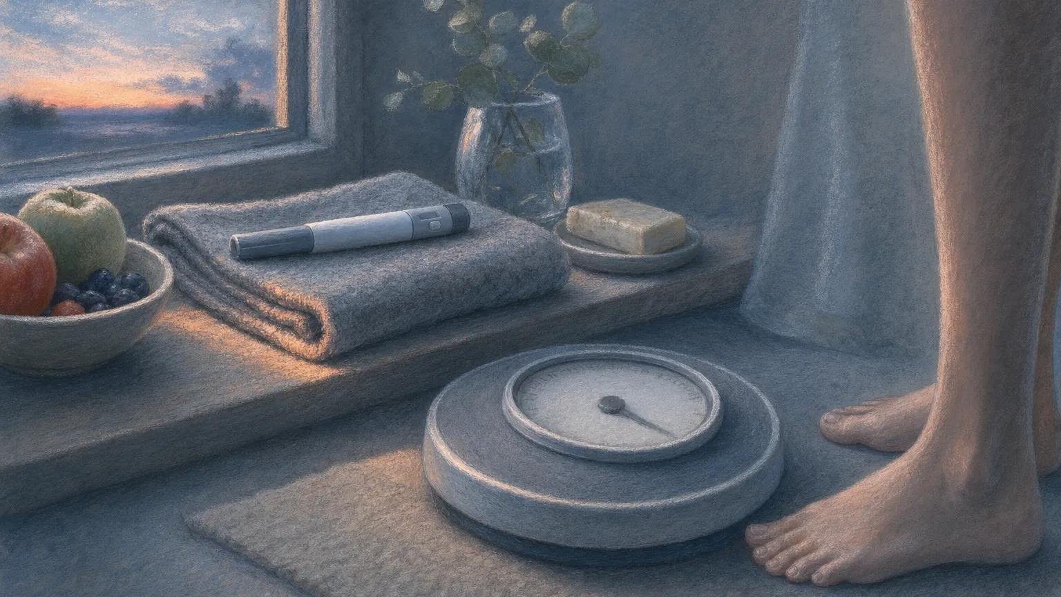 A capped injection pen set aside on a towel beside a bathroom scale and bare feet.
