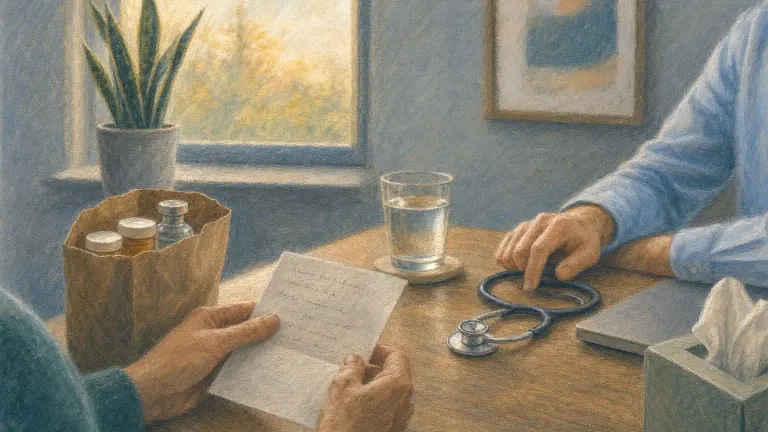 Pastel drawing of a patient's hands with a note and paper bag of bottles across a desk from a clinician.