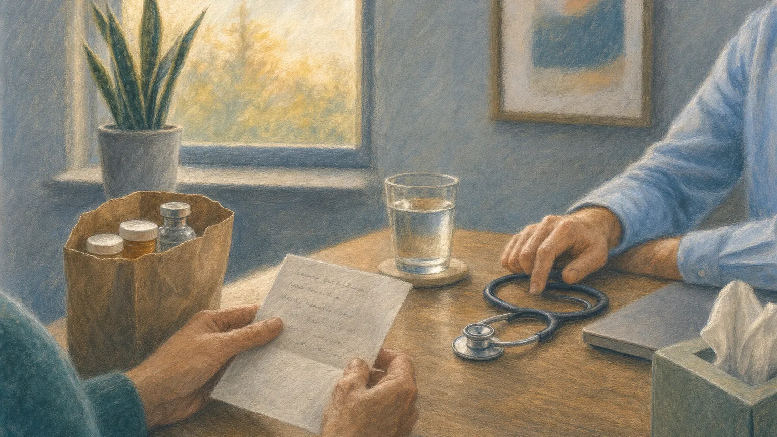 Pastel drawing of a patient's hands with a note and paper bag of bottles across a desk from a clinician.