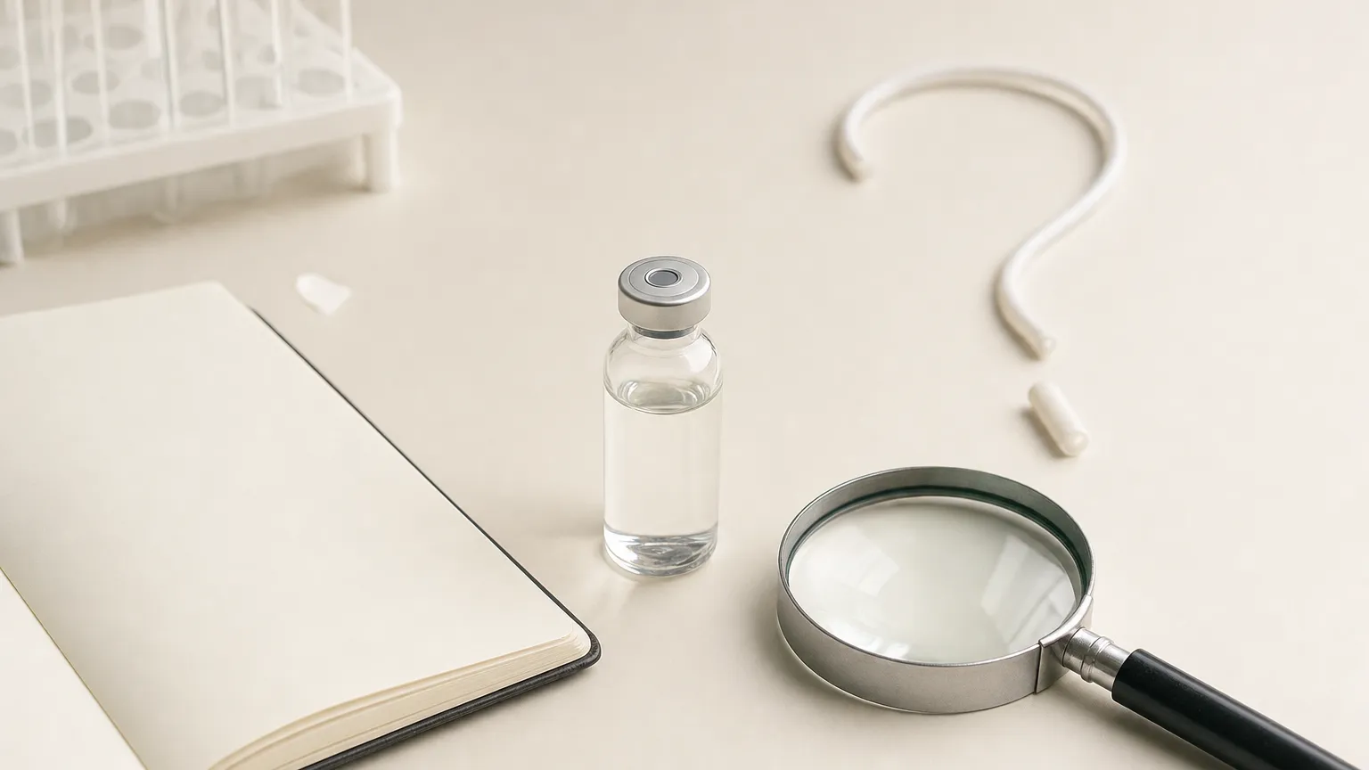 Unlabeled vial next to a magnifying glass and a blank open notebook on a lab bench.