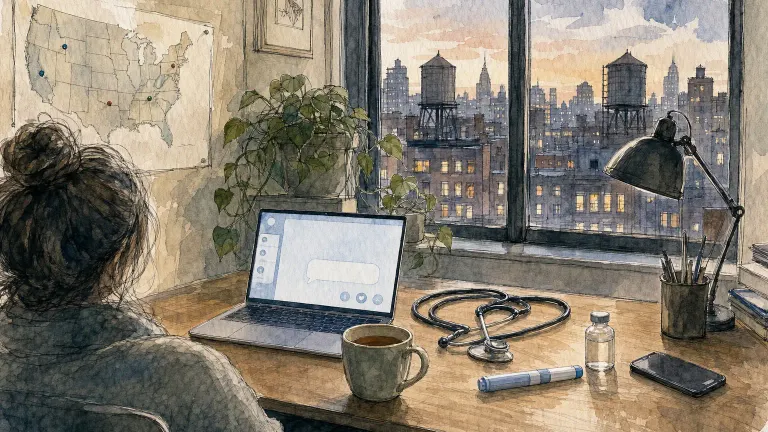 Watercolor sketch of a home office where a person joins a video call with a clinician.