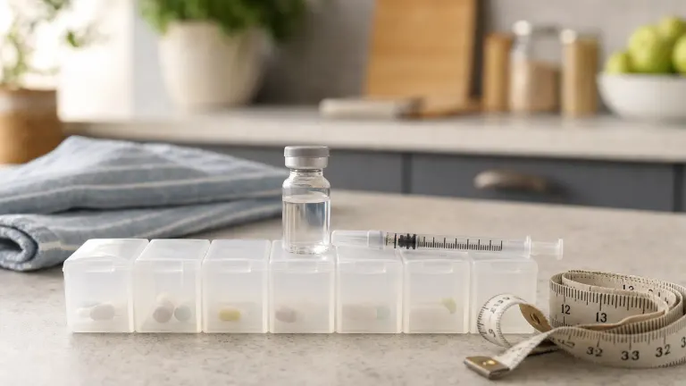 Vial and small syringe on a seven-day organizer next to a folded tape measure on a counter.