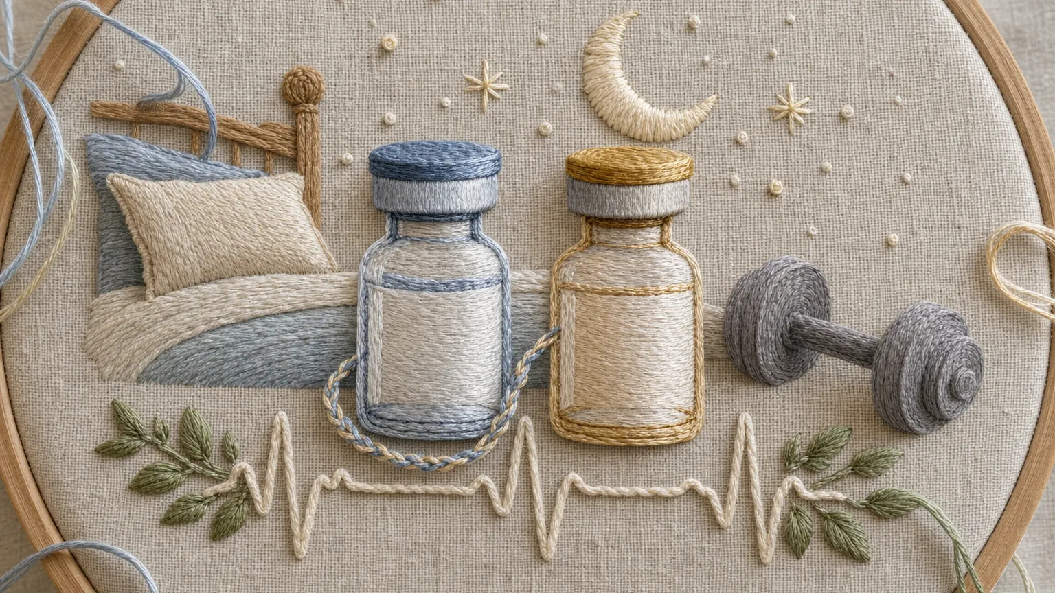 Embroidered pair of linked vials with a moon, pillow and dumbbell on linen in a wooden hoop