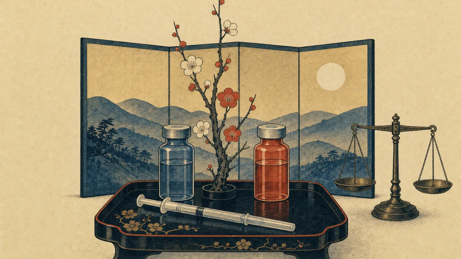 Two unlabeled vials and a capped syringe on a lacquered tray beside a balanced small scale.