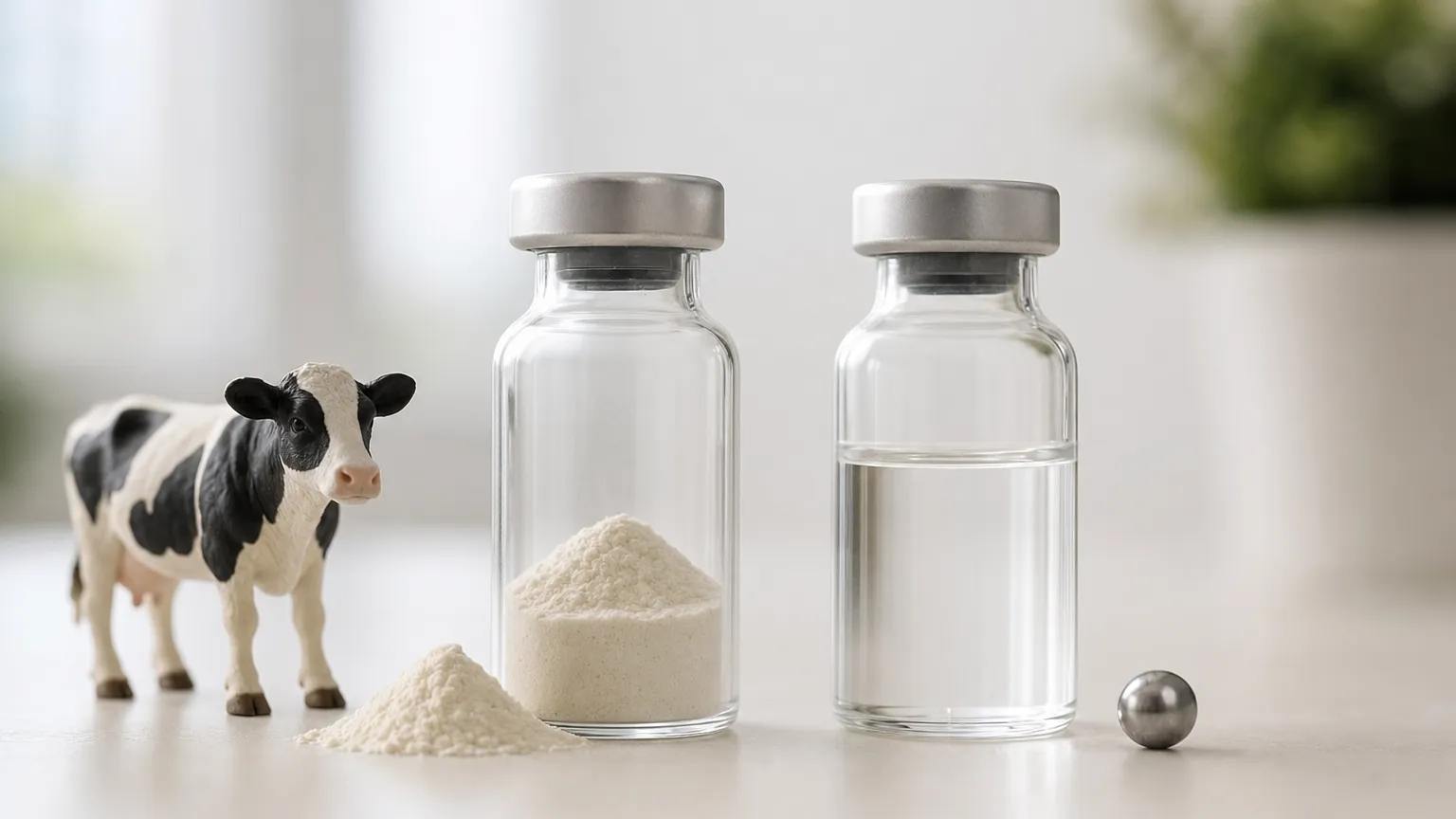 Two vials on a table, one beside a small cow figurine and one beside a tiny metallic sphere.