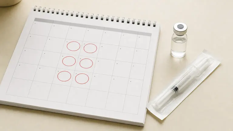 A weekly calendar with two circled days per week beside a small vial and a wrapped syringe.
