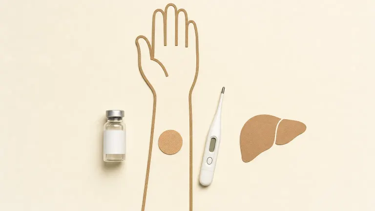 An arm outline with a small bandage beside a vial, a thermometer and a liver-shaped icon.