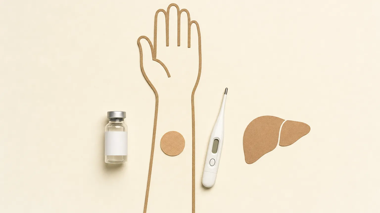 An arm outline with a small bandage beside a vial, a thermometer and a liver-shaped icon.