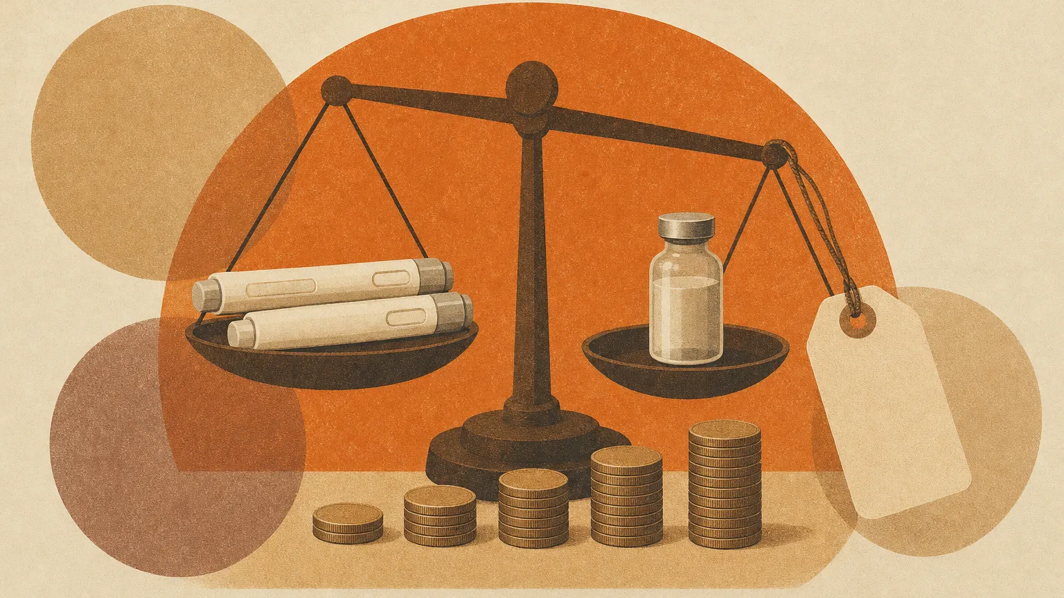 Two injection pens and a vial balanced on a scale above stacked coins and a blank price tag.