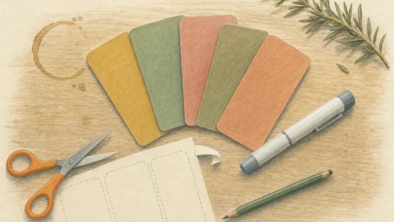 Blank discount cards fanned out on a kitchen table beside a capped injection pen and scissors.