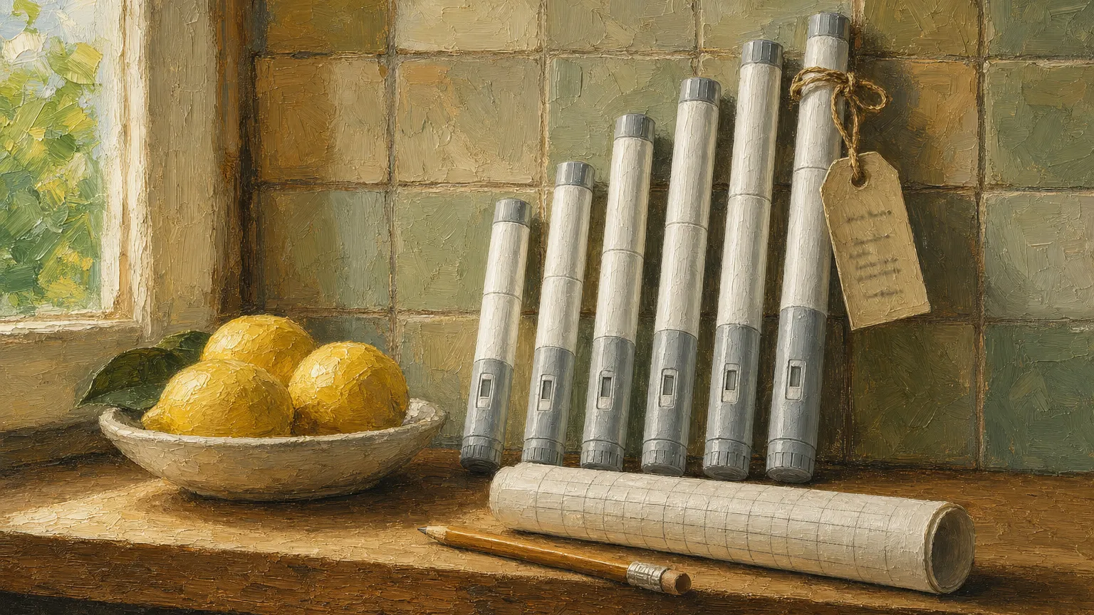 Oil painting of six ascending injection pens on a shelf beside a blank chart, pencil and lemons