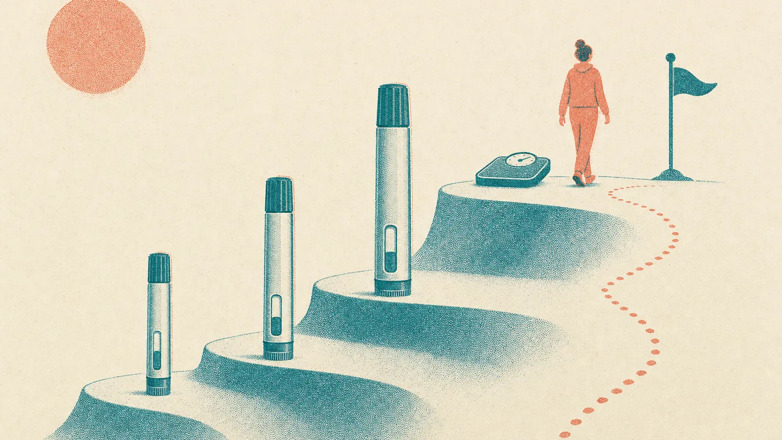 Illustration of a stepped plateau with three graduated capped pens, a walking figure from behind and a scale