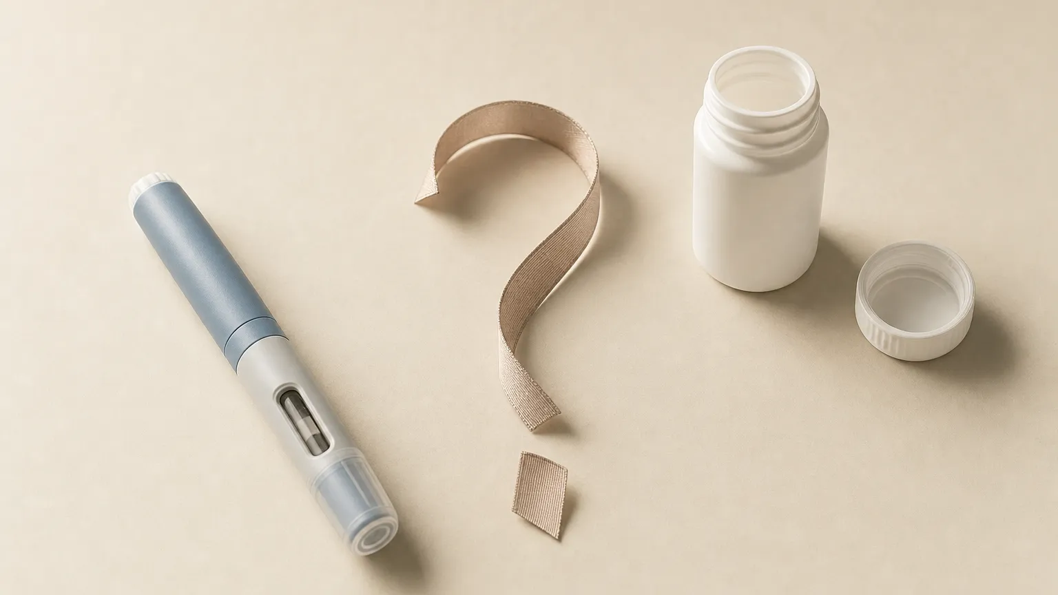A generic injection pen beside an empty, open pill bottle and a curled ribbon on a cream table.