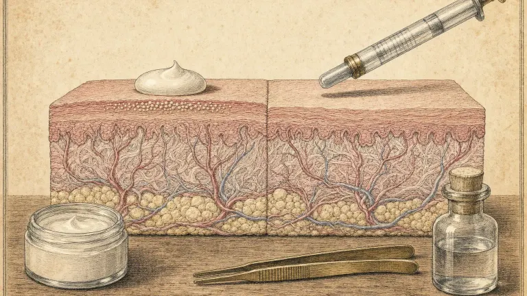 Vintage engraving of a skin cross-section with a cream droplet on one side and a syringe on the other