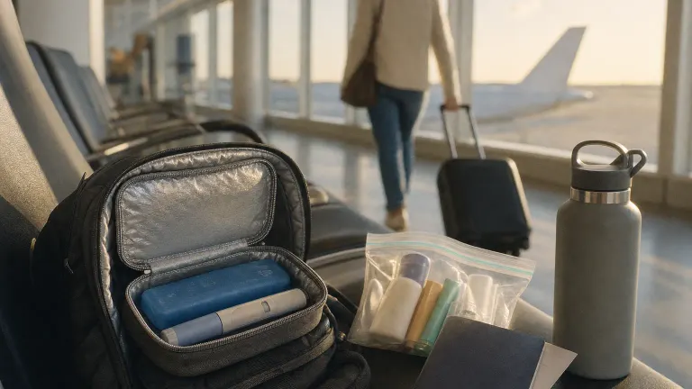 Film photo of an open backpack at an airport gate holding a small cooler pouch with an injection pen, a passport and an ice pack.