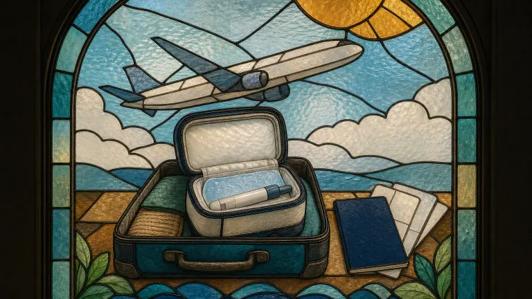 Stained-glass panel of an open carry-on with a cooler pouch, injection pen, passport and airplane