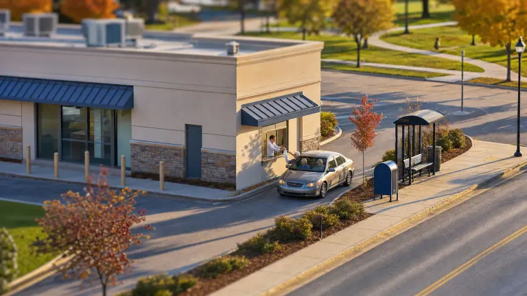 Miniature-style high-angle view of a pharmacy drive-through where a pharmacist hands a bag to a car driver
