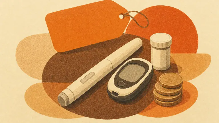 A generic weekly pen beside a glucose meter, coins and a blank price tag in warm tones.