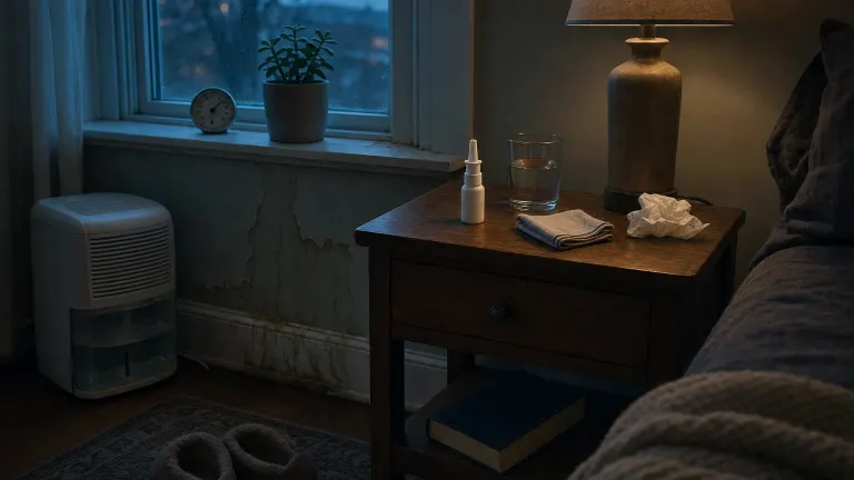 Dusk bedroom with a plain nasal spray bottle on a nightstand, a dehumidifier and faint wall water staining.
