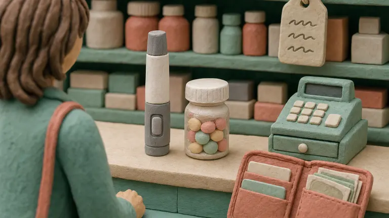 Clay miniature pharmacy counter with a pen, a pill bottle, a wallet and a cash register