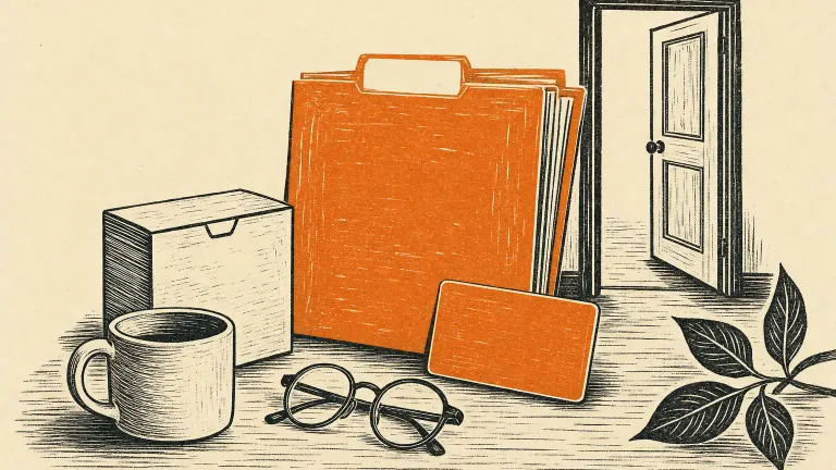 Linocut of a closed paperwork folder, an unmarked medication box, a blank savings card and reading glasses