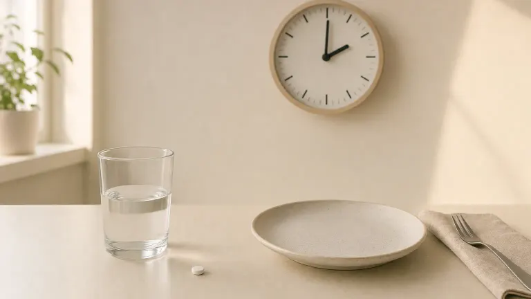 A white tablet next to a small glass of water, a morning clock and an empty plate waiting for breakfast.