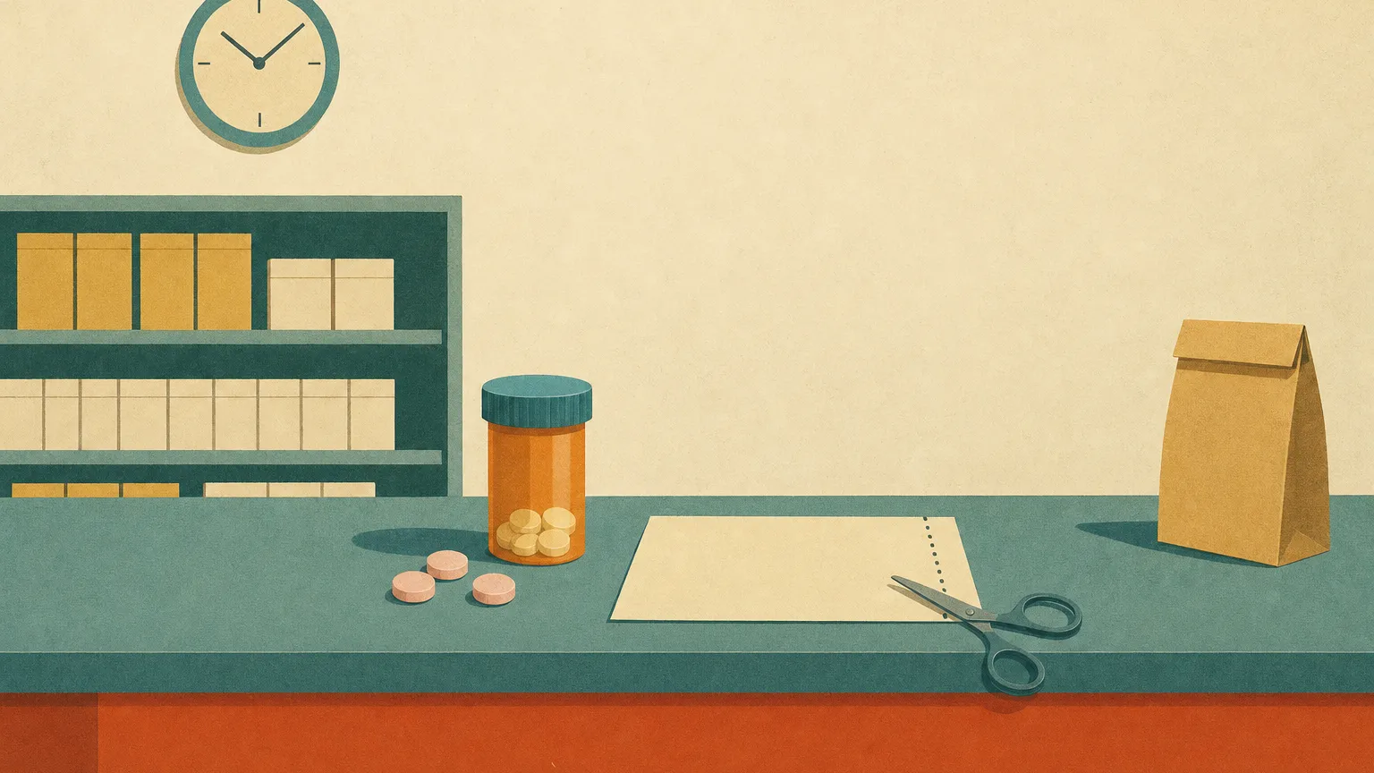 A pill bottle with pastel tablets beside a blank coupon card on a pharmacy counter.