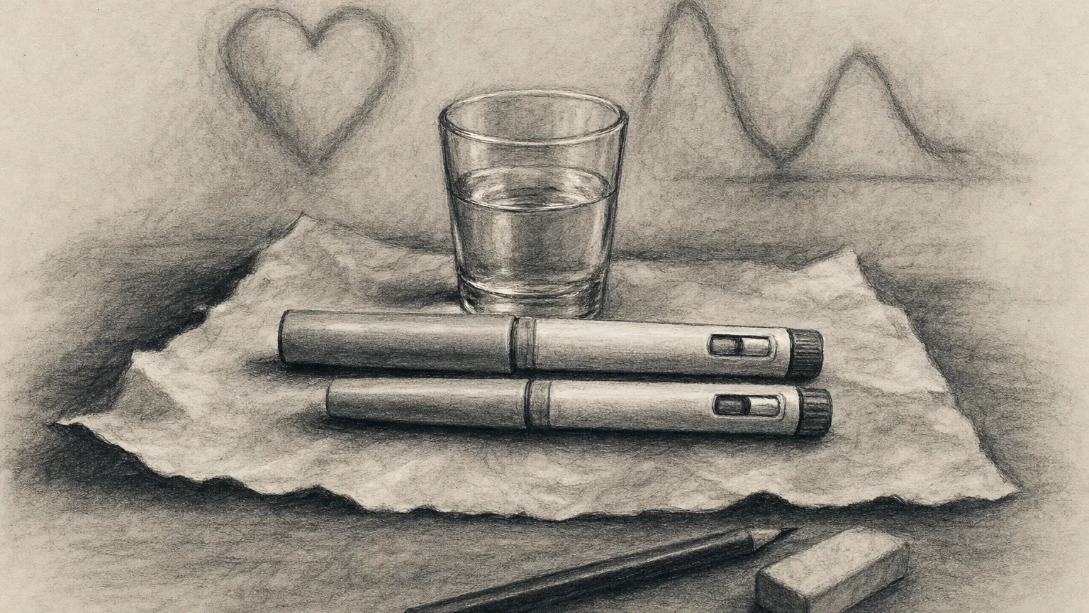 Charcoal drawing of two nearly identical injection pens side by side with a glass of water