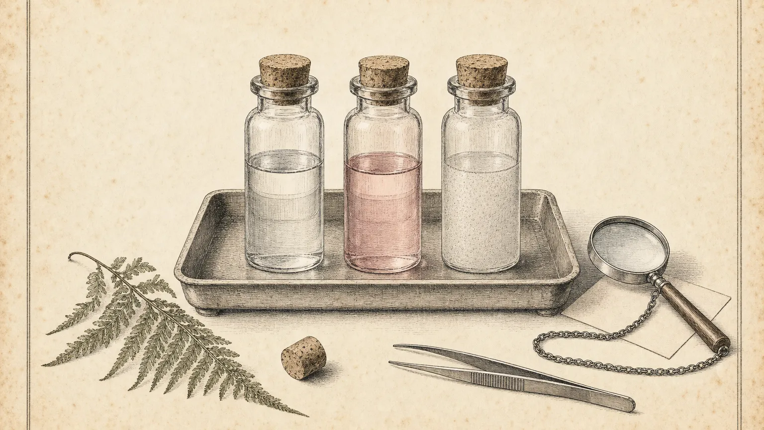 Engraving of three glass vials with clear, pink and cloudy liquid, a magnifying glass and tweezers on a tray