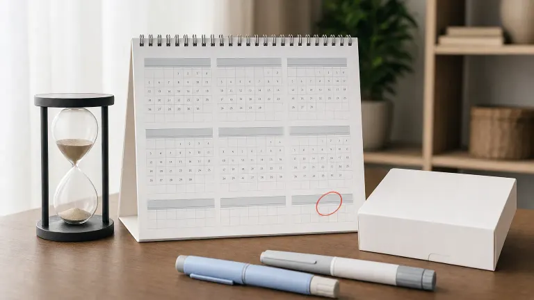 Wall calendar with a future month circled next to an hourglass and a closed medicine box