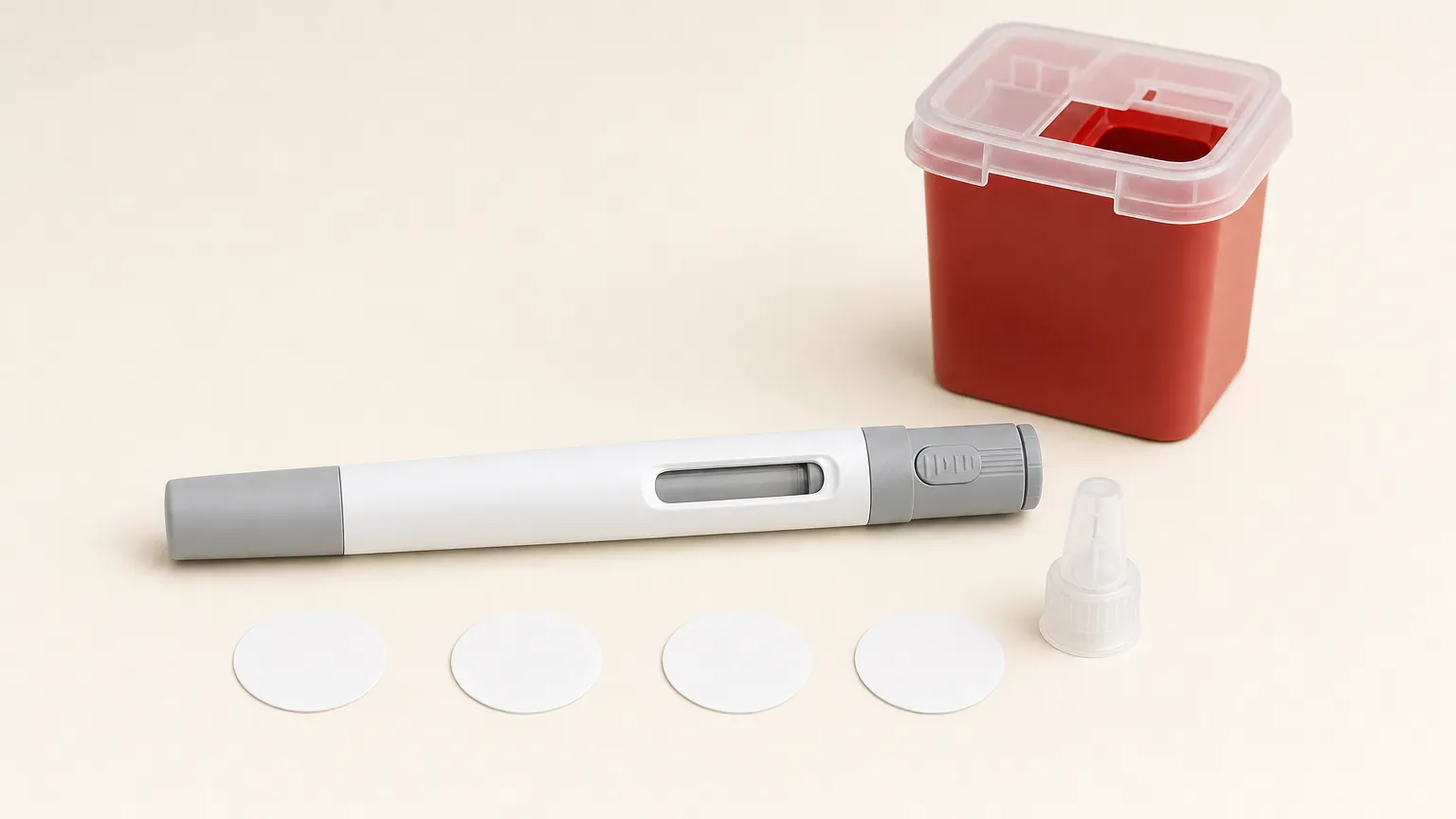 Multi-dose injection pen beside four circles for weekly doses, a pen needle and a sharps container.