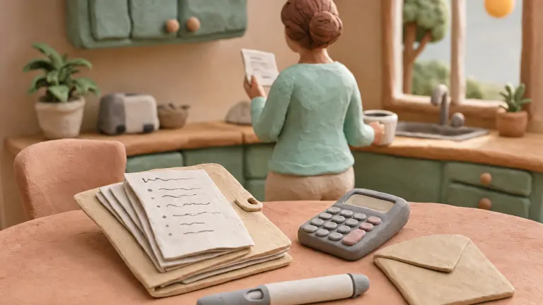 Clay miniature kitchen table with a paperwork folder, calculator, envelope and injection pen, figure from behind