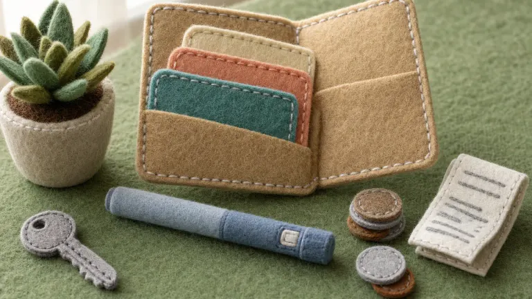 A felt wallet with blank cards fanned out beside a small pen, coins and a folded receipt.